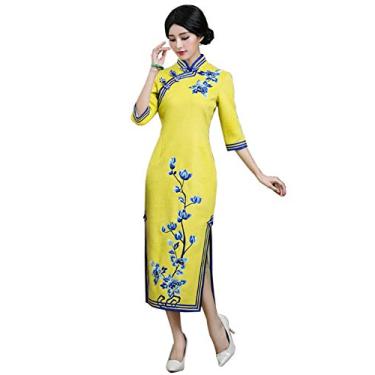 Imagem de HangErFeng Vestido feminino Qipao de lã bordado chinês peônia cheongsam tradicional vestido de noite de casamento P amarelo