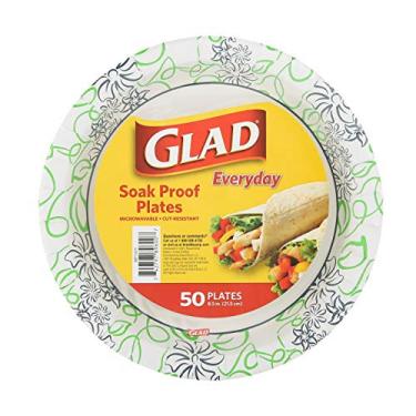 Imagem de Glad 21,5 cm, redondo, à prova de imersão, resistente ao corte, pode ir ao micro-ondas, descartável, uso diário, design branco azul e verde, pratos de papel resistentes, 50 unidades, design floral peculiar