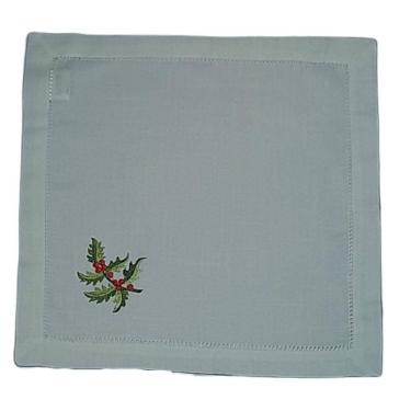 Imagem de Guardanapo De Linho Natal Branco Bordado Com Azevinho 45x45 Cm