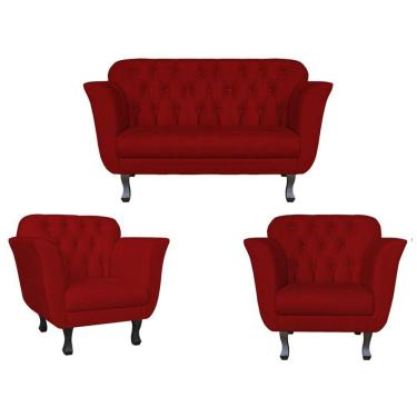 Imagem de Kit Namoradeira + 2 Poltronas Decorativa Dália Suede Vermelho Pés Madeira Ms Decor
