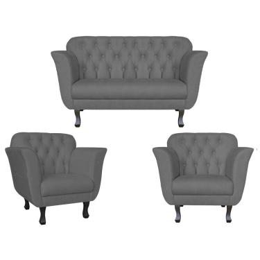 Imagem de Kit Namoradeira + 2 Poltronas Decorativa Dália Suede Cinza Pés Madeira Ms Decor