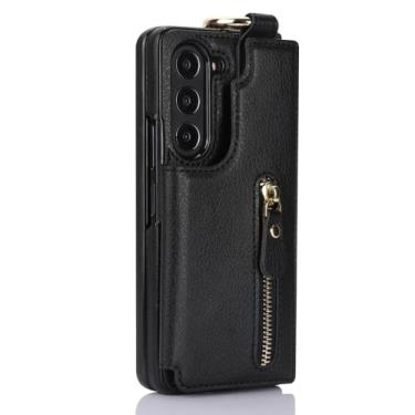 Imagem de HAZARA Capa carteira com zíper para Samsung Galaxy Z Fold 5, capa de telefone anel flip slot para cartão suporte fólio capa de couro, preta