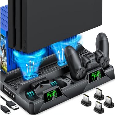 Imagem de Suporte para PS4 com ventoinha de resfriamento para PS4 Slim/PS4 Pro/PlayStation 4, suporte vertical para PS4 com estação de carregamento de controle duplo e armazenamento de 16 jogos,