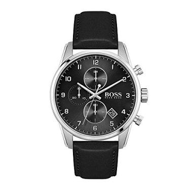 Imagem de BOSS Relógio masculino preto de quartzo de aço inoxidável com pulseira de couro preto, 22, Skymaster, preto, Relógio de quartzo