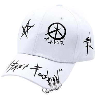 Imagem de Boné de beisebol preto branco grafite com anéis Harajuku Hip Hop Snapback Hat - Branco