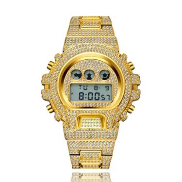 Imagem de ICEDIAMOND 45mm Iced Out Lab Relógio de Pulso Diamante, Mostrador Digital LED Multifuncional com Data Calendário Semanal e Tempo para Homens Mulheres (Gold)