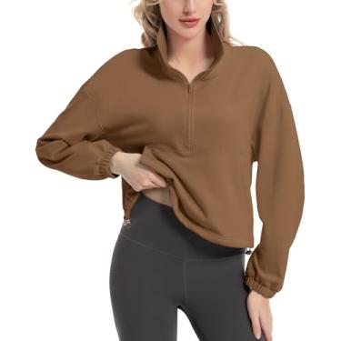Imagem de FKEEP Pulôver feminino curto com zíper de um quarto de manga comprida cropped top gola alta cordão casual pulôver, Castanho-café, G