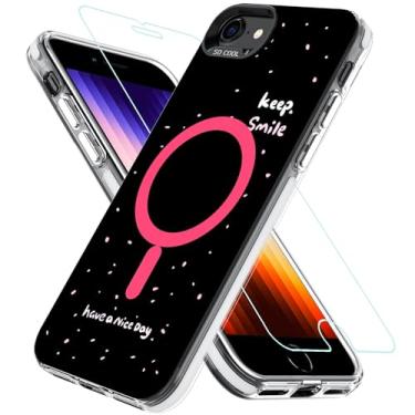 Imagem de BESINPO Capa magnética para iPhone SE 2022/SE 2020/8/7 capa de 4,7 polegadas com protetor de tela de vidro, [compatível com MagSafe], linda estampa Keep Smile capa à prova de choque, preta