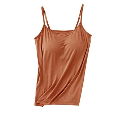 Imagem de Camiseta feminina com sutiã embutido básico de algodão sólido e alças finas ajustáveis com sutiã de prateleira, Marrom, 3G