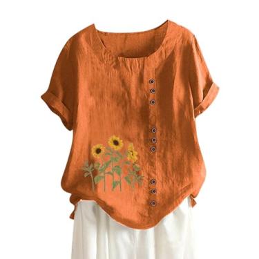 Imagem de Camisetas femininas de linho de manga curta, gola redonda, blusas soltas, casuais, leves, modernas, de verão, Laranja, 3G