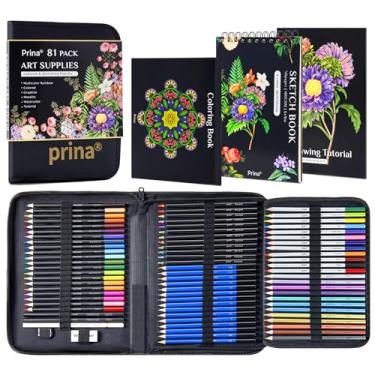 Imagem de PRINA Kit de desenho 81, lápis de esboço profissional, materiais de arte com arco-íris, colorido, grafite, aquarela, metálico, lápis de carvão, caderno de desenho, livro de colorir, capa de presente