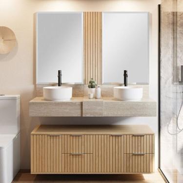 Imagem de Conjunto para Banheiro Bancada em Porcelanato com Cuba de Apoio, Armário e Espelho Ripy 120cm Wood/Travertino