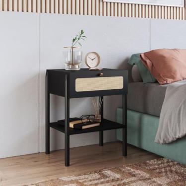 Imagem de Mesa de Cabeceira 1 Gaveta Palhinha Pé Madeira Oslo Artesano Nero/preto