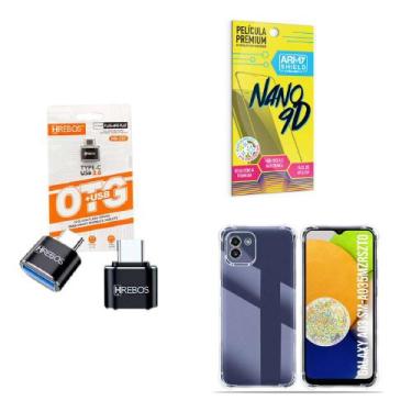 Imagem de Kit Adaptador USB para Tipo C + Capinha Samsung A03 + Película 9D - HR