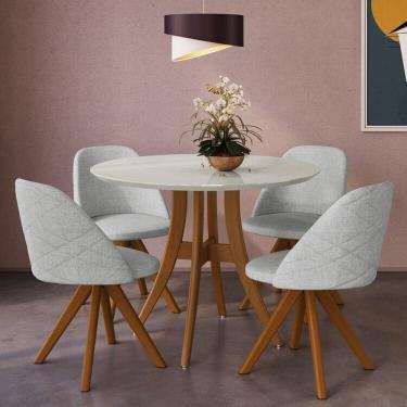 Imagem de Conjunto Sala de Jantar Mesa Redonda com Tampo em Mdf com Vidro Cinza, Pés Madeira Maciça 4 Cadeiras Imbuia /Cinza Claro