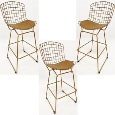 Imagem de Kit 3 Banquetas para Cozinha média Bertoia cor Dourado fosco assento c