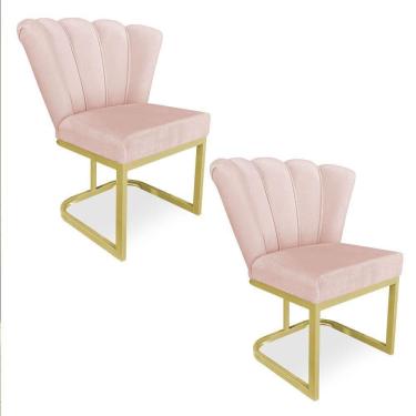 Imagem de Kit 02 Poltronas Flor Veludo Rosa Bebê Base Metálica Industrial Dourado - Pallazio