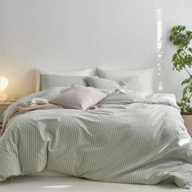 Imagem de MooMee Conjunto de capa de edredom listrado 100% algodão lavado como linho texturizado respirável durável macio confortável (Sálvia verde listras brancas, solteiro)