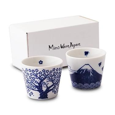Imagem de Mino Ware Japan - Conjunto de 2 xícaras de saquê japonês - design Sakura e Monte Fuji, cerâmica de cor índigo, 115 ml, para bebida fria e quente, xícara de sopa de aperitivo xícara de chá com caixa de presente