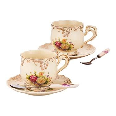 Imagem de CHILDIKE Conjunto de 2 xícaras de chá e pires de porcelana marfim floral de 227 g com acabamento dourado, xícaras de chá vintage com colher, estilo europeu, presente de Natal (floral colorido)