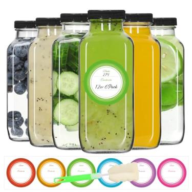 Imagem de STARSIDE Garrafas de suco de vidro de 350 ml com tampas, pacote com 6 frascos quadrados reutilizáveis para suco, leite, kombucha - Inclui 1 escova de garrafa, 6 etiquetas coloridas
