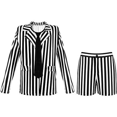 Imagem de Blazer feminino listrado preto e branco de manga comprida, conjunto de terno curto com gravata fantasia de terror cosplay Halloween, Como mostrado nas imagens., Small