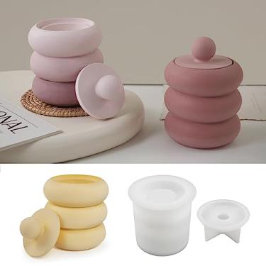 Imagem de LSLEVA Caixa de armazenamento com tampas, conjunto de moldes de pote de vela de silicone, moldes criativos, listra redonda de concreto com tampa, moldes para fazer garrafas para suporte (M)