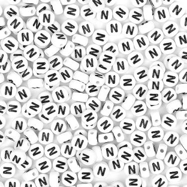 Imagem de Auvoua 300 peças de contas de letra N 4 x 7 mm contas brancas do alfabeto acrílico forma redonda contas soltas para nome pulseiras colares chaveiros faça você mesmo fabricação de joias (N)