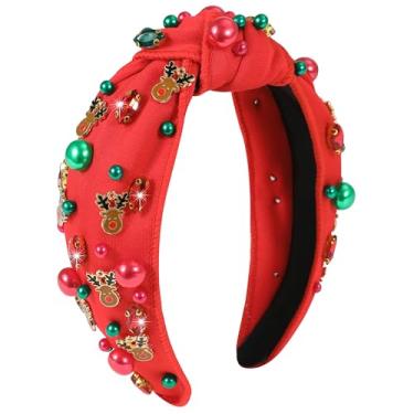 Imagem de Gmmidea Faixa de cabeça de chifre de rena de Natal para mulheres, meninas, vermelho, verde, pérola, Natal, com nó, glitter, strass, adornado, acessório de festa de Natal, presentes