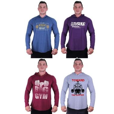 Imagem de Kit 4 Camisetas Manga Longa com Touca Longline Estampada Treino Academia Lazer Casual-Masculino