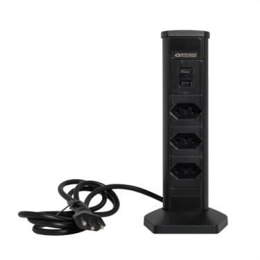 Imagem de Torre De 03 Tomadas Estação Vertical USB A USB C Extensão Multiplug Sobrepor Bancada Cozinha Escritório Filtro de Linha 10 Amperes Bivolt (Preto)