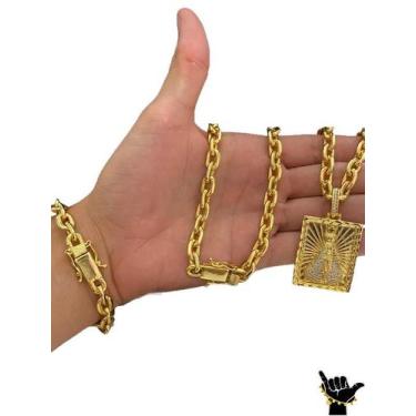 Imagem de Corrente Cadeado 10mm + Pulseira + Pingente - Banhado a Ouro - ToJoia1