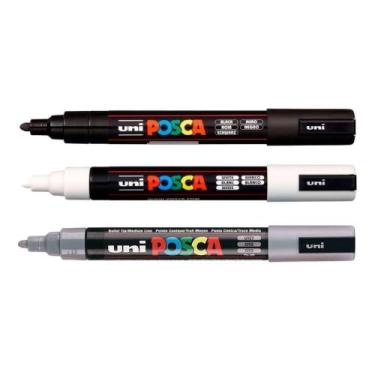 Imagem de Kit 3 Posca PC-5M Preta, Branca, Cinza 1.8-2.5mm Uniball - Uni-ball