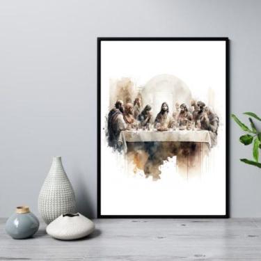 Imagem de Quadro Santa Ceia Aquarela 33x24cm - Quadros On-line, Madeira branca