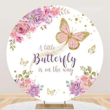Imagem de Yeele 2,2 m x 2,2 m Butterfly Baby Shower Round Backdrop A Little Butterfly is on The Way Purple and Pink Floral Gold Spots Flower Photography Background Princess Girl Party Decoration Banner Photo Booth