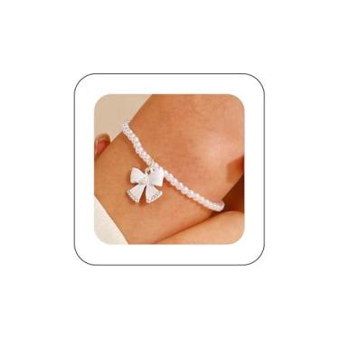 Imagem de Xduargs Pulseira de mão Boho com laço de pérola branca e pérola, corrente vintage gravata borboleta escrava, corrente de mão, laço ajustável, pulseira de corrente escrava, joia para mulheres, Large,