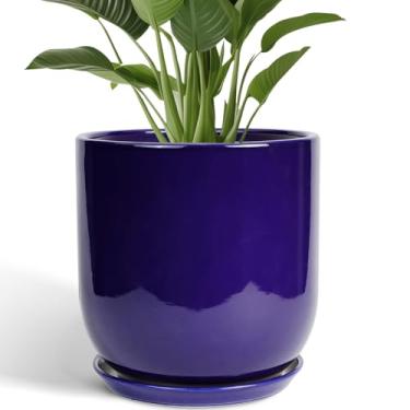 Imagem de SUNPOTFOR Vaso de cerâmica - Vasos de 30,5 cm para plantas, vaso de cerâmica interno com orifício de drenagem e pires, vaso de flores grande para uso externo para decoração de jardim doméstico azul