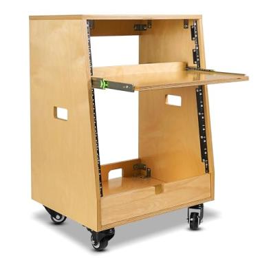Imagem de Sound Town Rack de estúdio inclinado 12U DIY (4U superior + 8U inferior), com armazenamento inferior 2U, bandeja deslizante, rodízio, madeira compensada, carvalho dourado para sala de gravação,