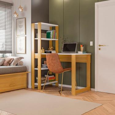 Imagem de Mesa Escrivaninha com Estante e 4 Prateleiras Licce Branco/Freijó