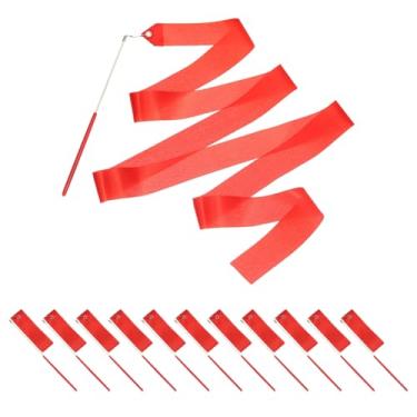 Imagem de PATIKIL Fitas de dança, pacote com 14, serpentinas de dança de ginástica de 78,7 polegadas com varinha antiderrapante para presentes, dança, shows de talentos, bastão girando, vermelho