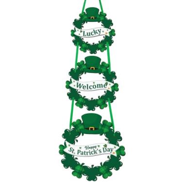 Imagem de Decorações de Dia de São Patrício Guirlandas de boas-vindas para decoração de porta da frente, placa de trevo de São Patrício para varanda de parede de casa de março irlandês