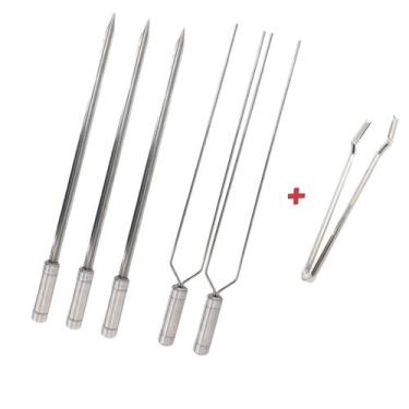 Imagem de Kit 5x Espetos Inox 40cm Espada, Duplo E Pegador De Carnes - INOX LAUR