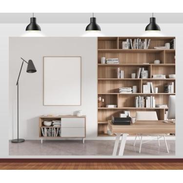Imagem de Loccor 2,1 x 1,5 m pano de fundo de escritório moderno interior de madeira estante de livros para fotografia de escritório em casa para videoconferência, reunião on-line, adereços de estúdio