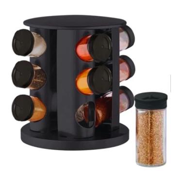 Imagem de Porta Condimentos Temperos Giratorio Preto Redondo Com 9 Potes De Tempero Vidro Tampa Dosadora Organizador