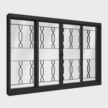 Imagem de Janela de Aço de Correr Central com Grade Mosaico 4 Folhas 100x100cm Aço Pronto Riobras