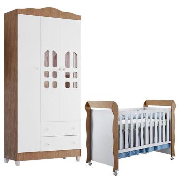 Imagem de Berço Americano Mirelle e Guarda Roupa New Selena 3 Portas Branco Acetinado Amadeirado – Carolina Móveis