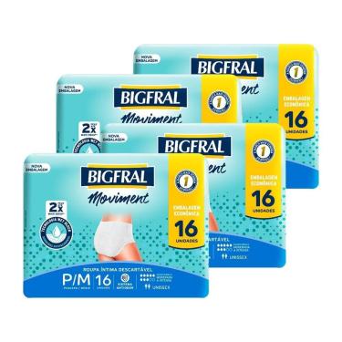 Imagem de Roupa Íntima Bigfral Moviment Tamanho p/m - 4 Pacotes com 16 Fraldas - Total 64 Tiras