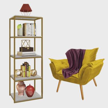 Imagem de Kit Poltrona Fatte com Manta Soft Bordô e Estante Livreiro Ferro Dourado mdf Marmorizado Cinza Suede Amarelo - Ahazzo Móveis