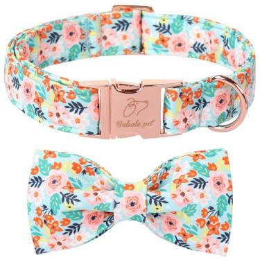 Imagem de Babole Pet Coleira floral para cães com gravata borboleta - coleira borboleta ajustável azul claro respirável confortável primavera-verão para cães pequenos, médios e grandes, P