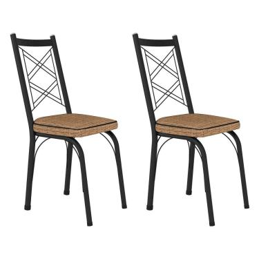 Imagem de Kit 2 Cadeiras De Cozinha Delaware Estampado Rattan Bege Pés De Ferro Preto - Pallazio